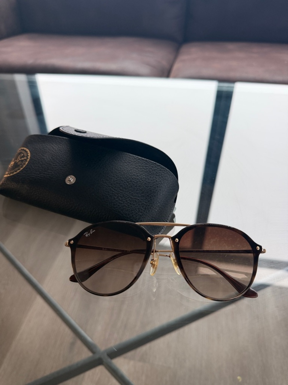 Ray-Ban Brown Gradient Round Metal Sunglasses with Gold Accents